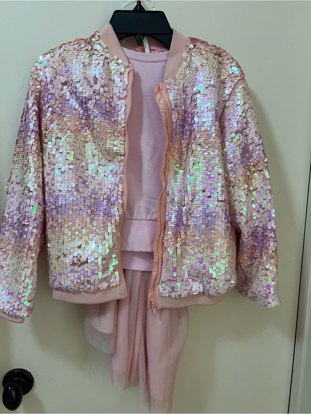 Pink Iridescent Sequin Bomber Jacket+ sweatshirt skirt, and some rose gold vans